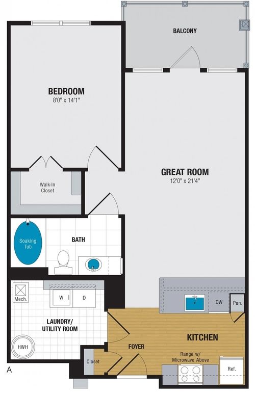 Floor plan of a 1-bedroom apartment at Enclave at Box Hill in Abingdon, MD. With living room, bathroom, balcony, & kitchen.
