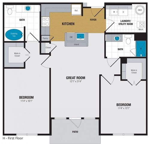 Floor plan of a 2-bedroom apartment at Enclave at Box Hill in Abingdon, MD. With living room, bathroom, & kitchen.