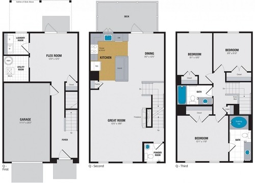 Floor plan of a 3-bedroom apartment at Enclave at Box Hill in Abingdon, MD. With living room, garage, bathroom, & kitchen.
